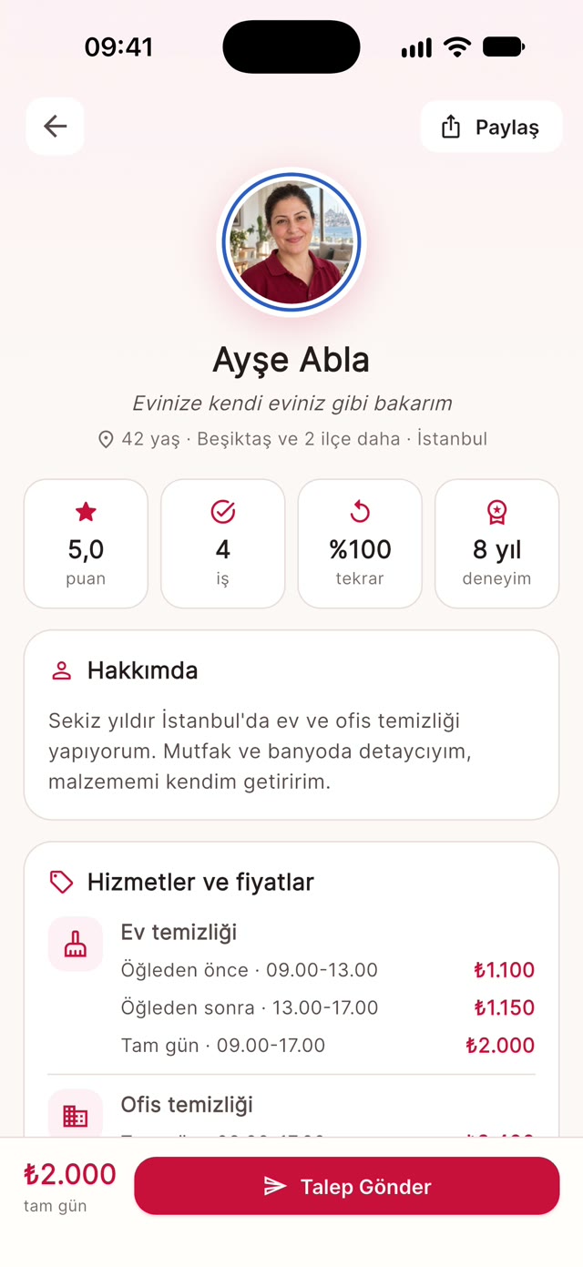 Abla profili: puan, iş sayısı, tekrar çağrılma oranı ve ücretler